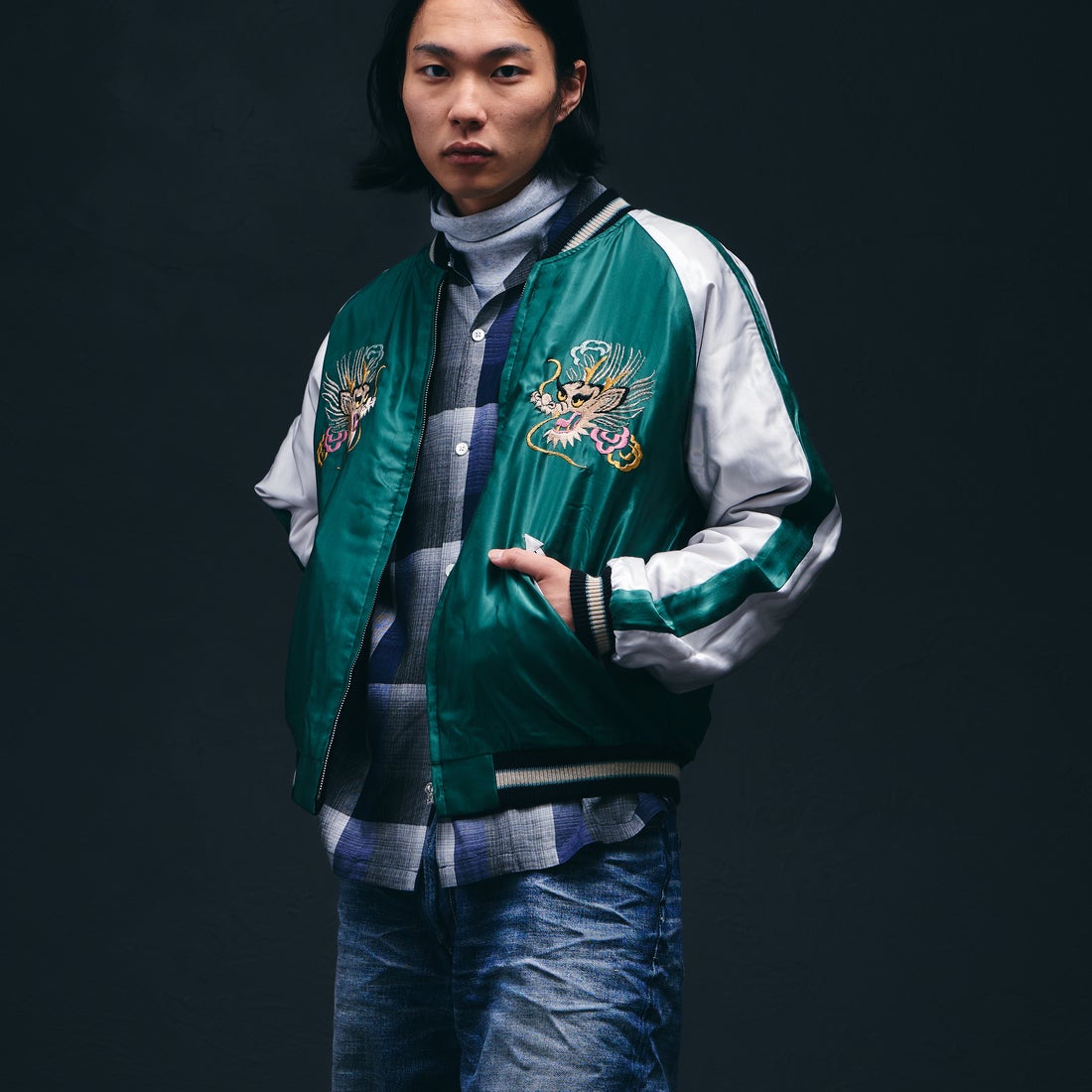 TAILOR TOYO [テーラートウヨウ] 別珍2トーン スーベニアジャケット [TT15975] 119 BLK/BE &&モデル身長：175cm 着用サイズ：L&&