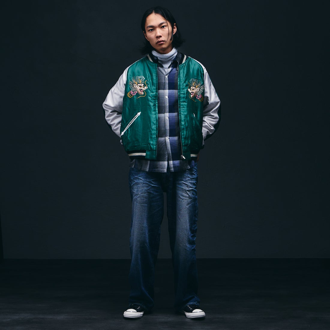 TAILOR TOYO [テーラートウヨウ] 別珍2トーン スーベニアジャケット [TT15975] 119 BLK/BE &&モデル身長：175cm 着用サイズ：L&&