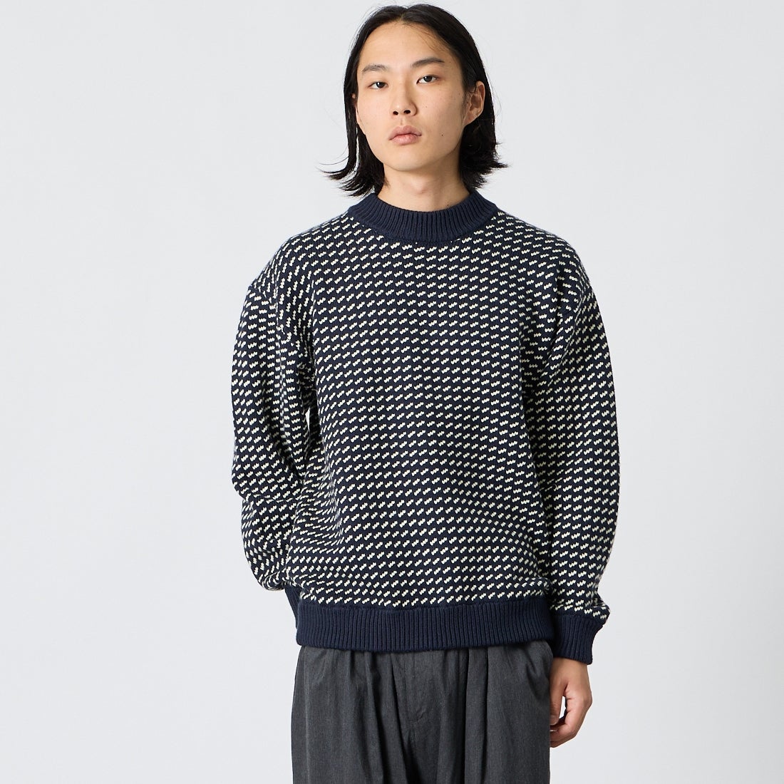 L.L.BEAN [エルエルビーン] ウェイン セーター バーズアイ [6575-6030] 90 NVY/NAT &&モデル身長：175cm 着用サイズ：M&&