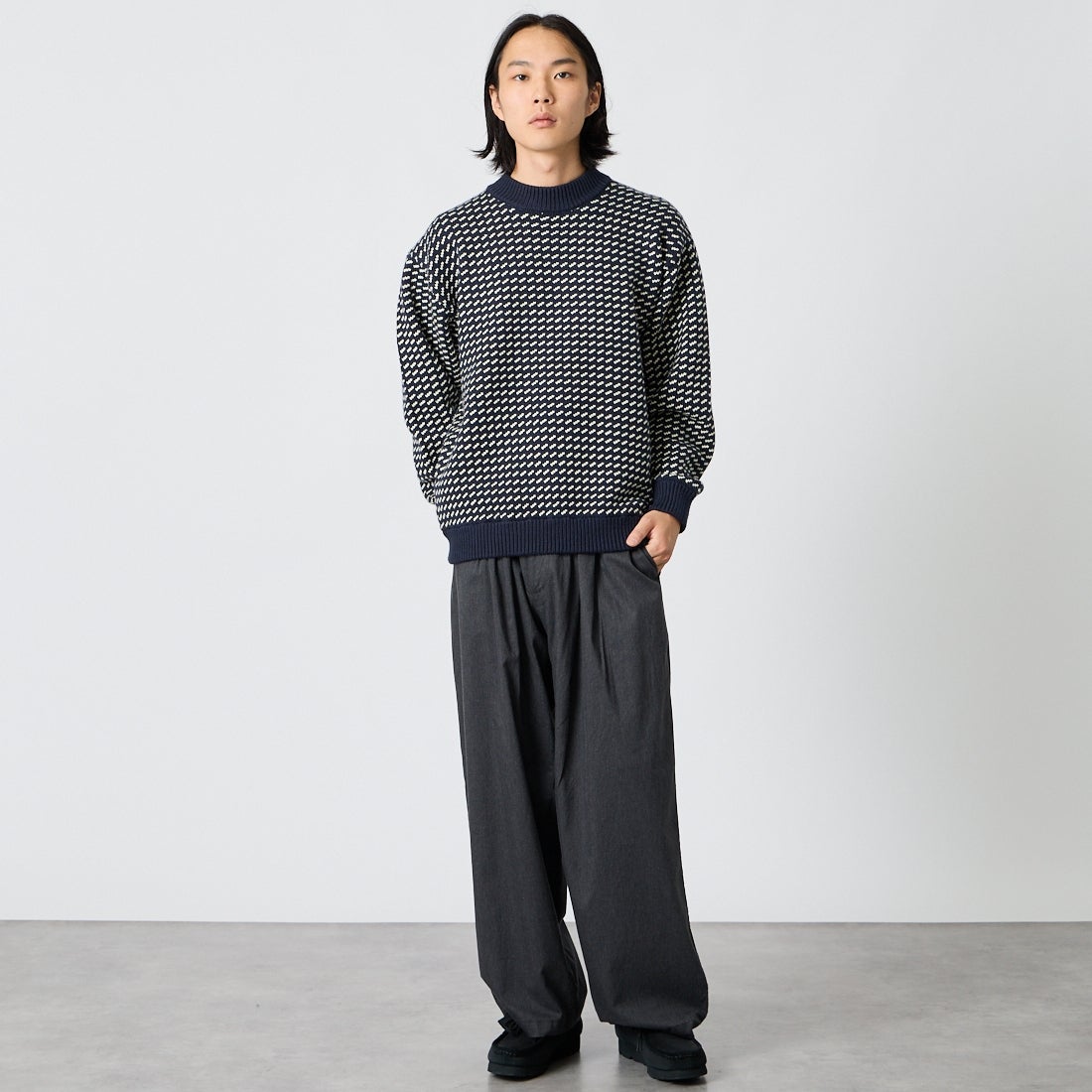 L.L.BEAN [エルエルビーン] ウェイン セーター バーズアイ [6575-6030] 90 NVY/NAT &&モデル身長：175cm 着用サイズ：M&&
