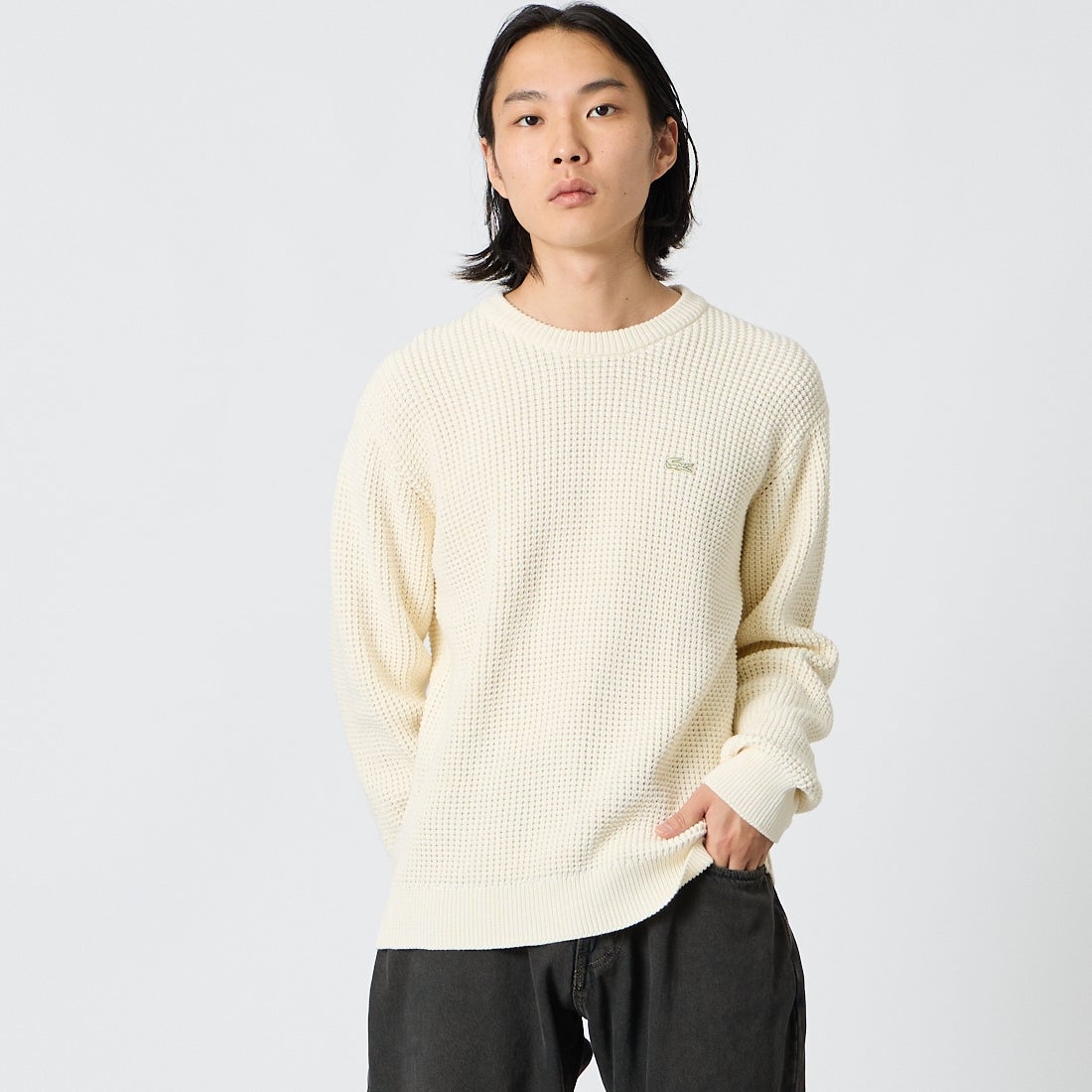LACOSTE [ラコステ] ワッフルニットセーター [AH018] S7G ECRU &&モデル身長：175cm 着用サイズ：3&&