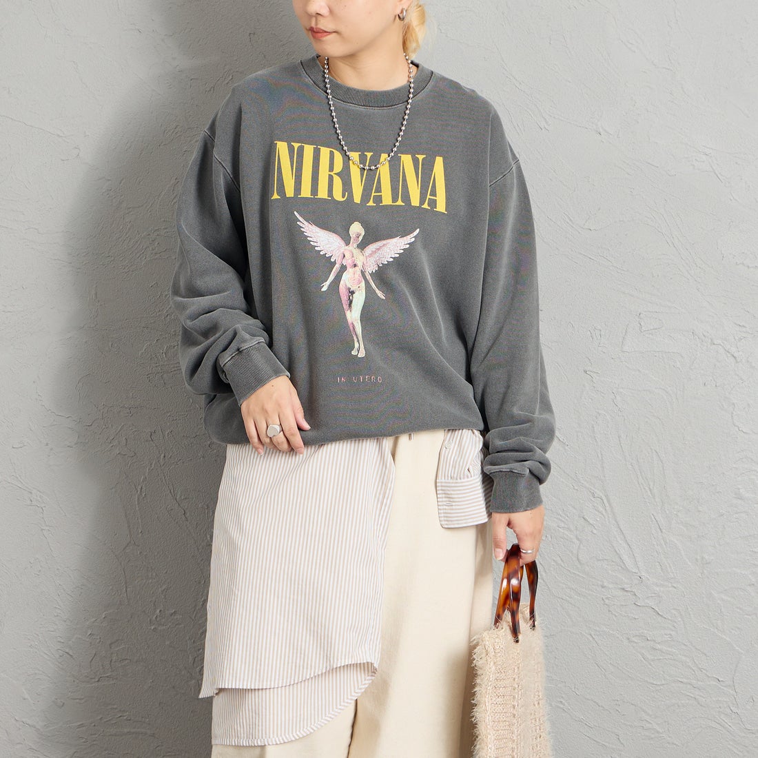 GOOD ROCK SPEED [グッドロックスピード] 別注 NIRVANA プリントスウェット [INTN-082-JF] CHARCOAL &&モデル身長：156cm 着用サイズ：M&&