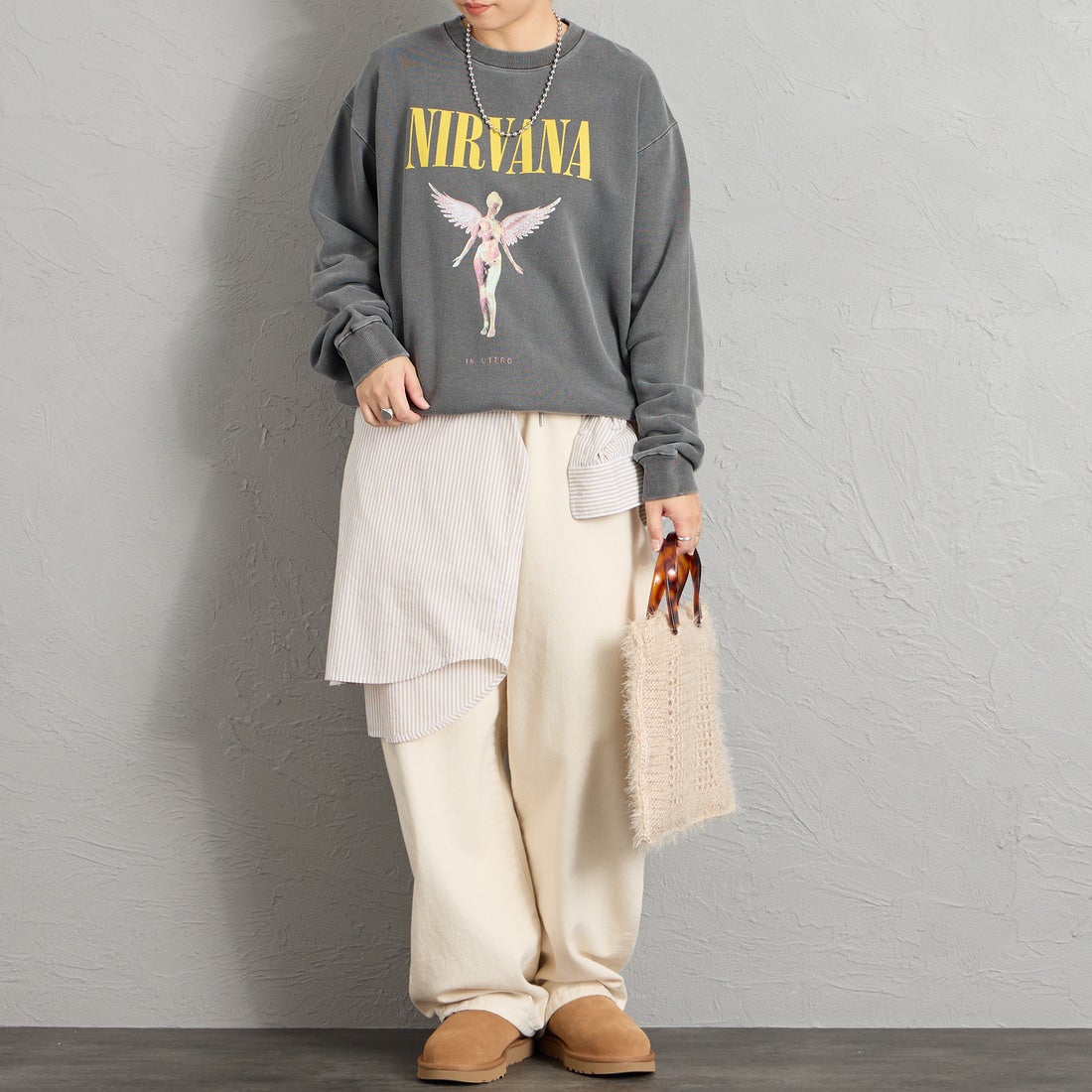 GOOD ROCK SPEED [グッドロックスピード] 別注 NIRVANA プリントスウェット [INTN-082-JF] CHARCOAL &&モデル身長：156cm 着用サイズ：M&&