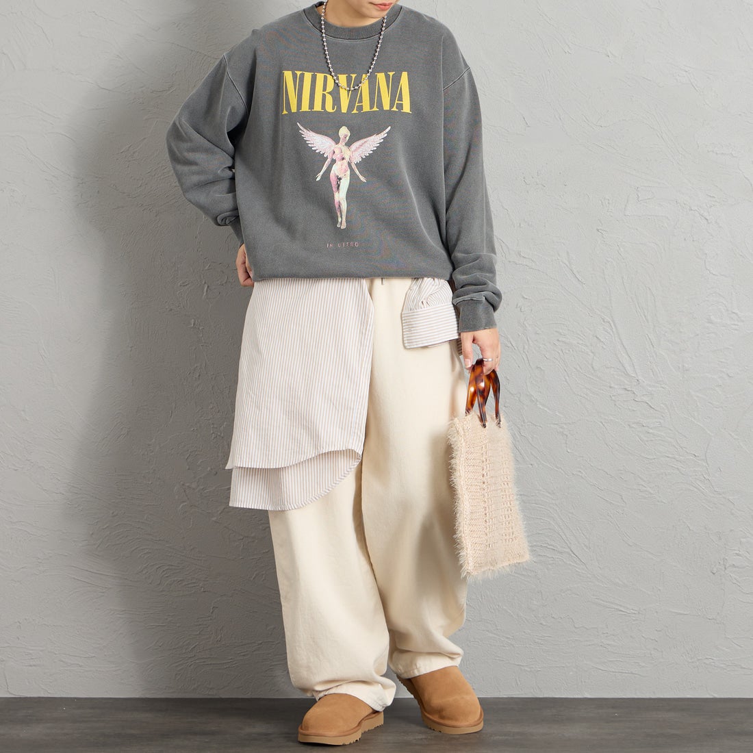 GOOD ROCK SPEED [グッドロックスピード] 別注 NIRVANA プリントスウェット [INTN-082-JF] CHARCOAL &&モデル身長：156cm 着用サイズ：M&&