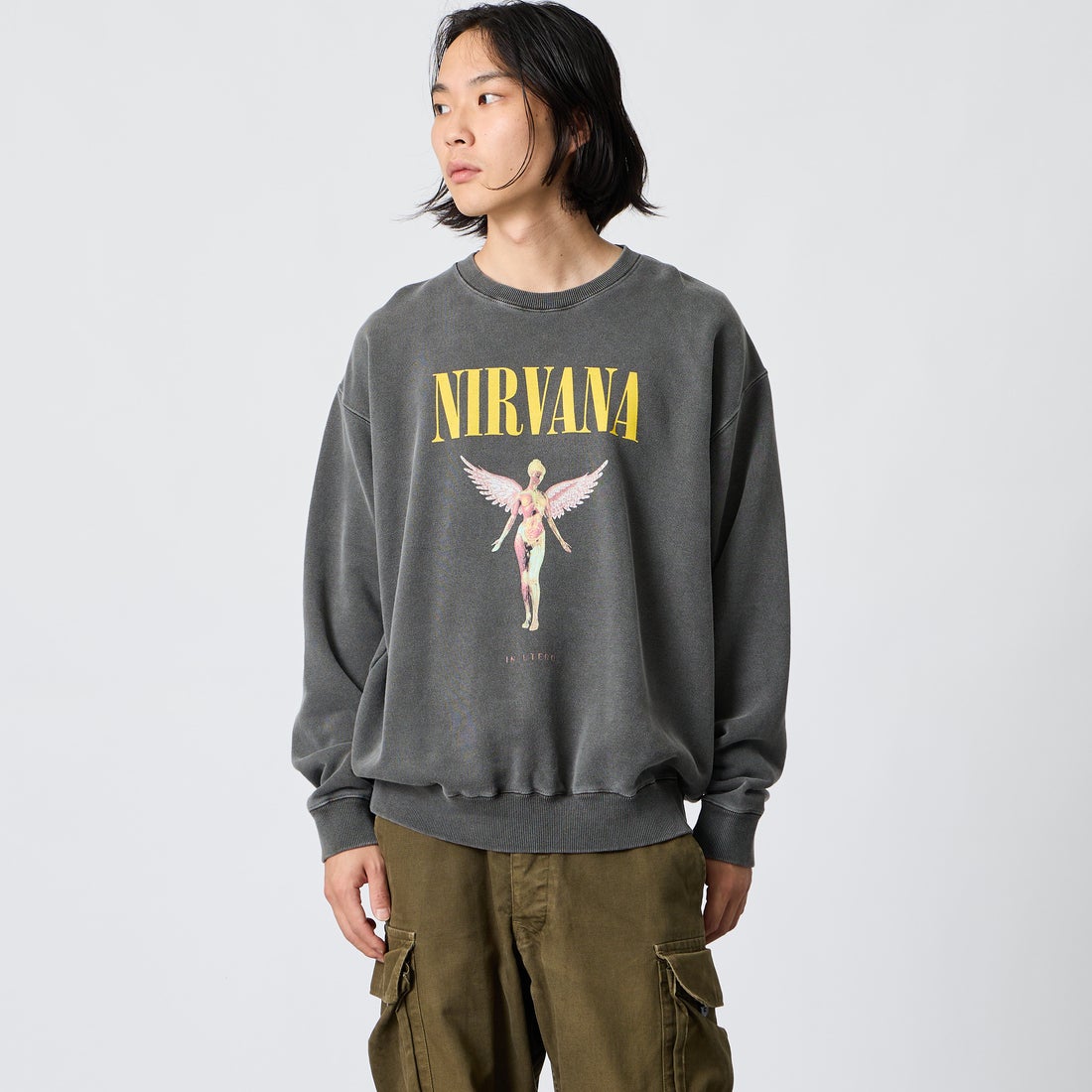 GOOD ROCK SPEED [グッドロックスピード] 別注 NIRVANA プリントスウェット [INTN-082-JF] CHARCOAL &&モデル身長：175cm 着用サイズ：XL&&