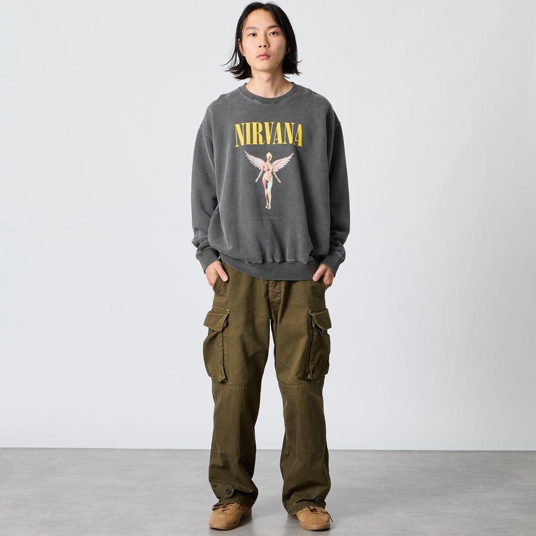 GOOD ROCK SPEED [グッドロックスピード] 別注 NIRVANA プリントスウェット [INTN-082-JF] CHARCOAL &&モデル身長：175cm 着用サイズ：XL&&