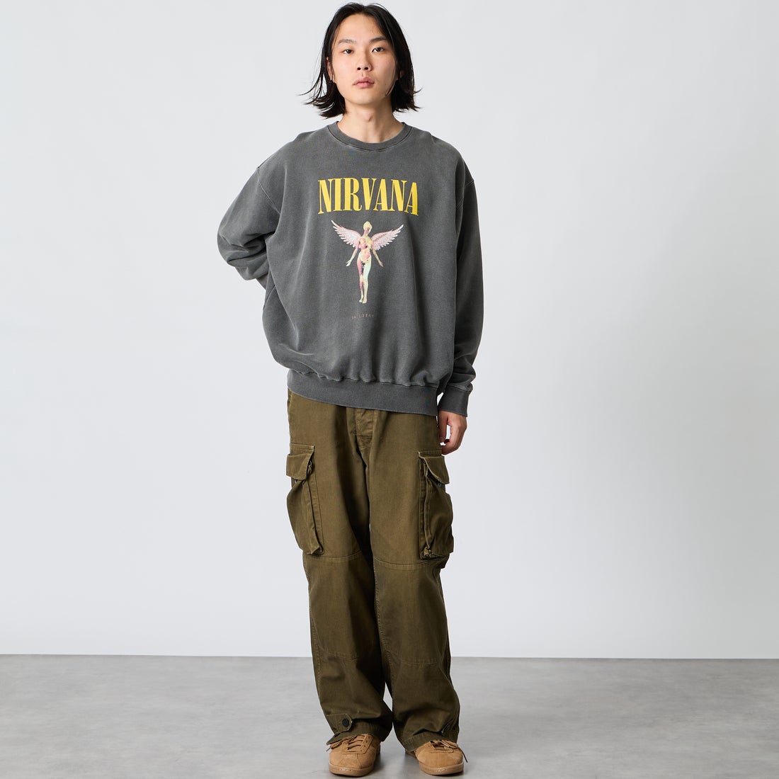 GOOD ROCK SPEED [グッドロックスピード] 別注 NIRVANA プリントスウェット [INTN-082-JF] CHARCOAL &&モデル身長：175cm 着用サイズ：XL&&