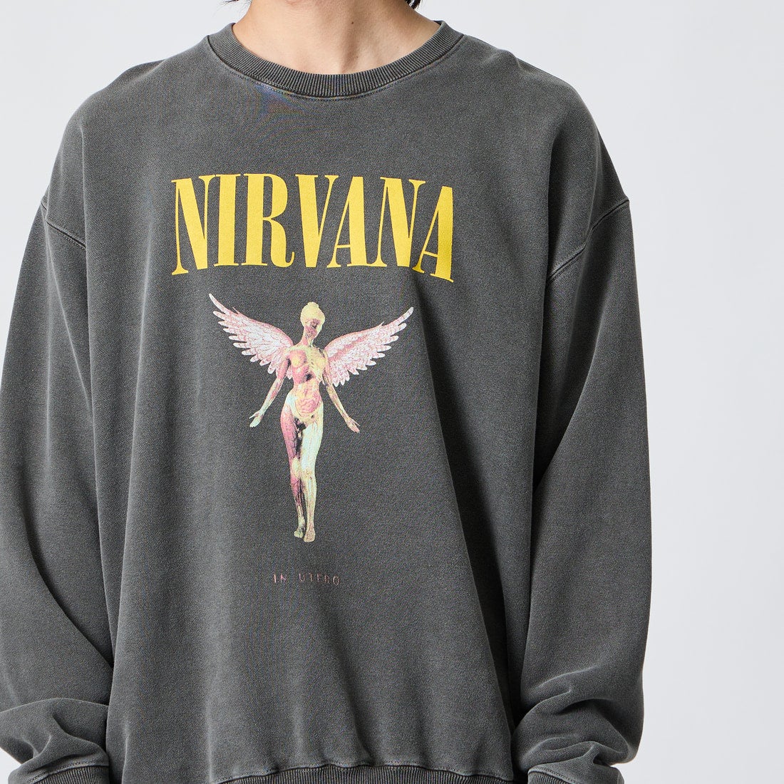 GOOD ROCK SPEED [グッドロックスピード] 別注 NIRVANA プリントスウェット [INTN-082-JF] CHARCOAL &&モデル身長：175cm 着用サイズ：XL&&
