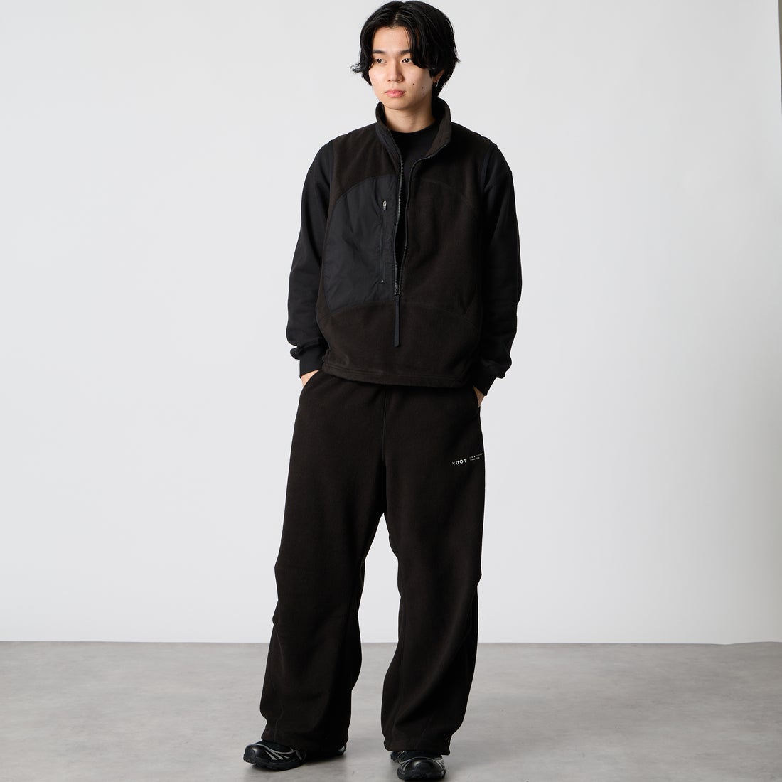YDOT [ワイドット] テックフリース サークルバギーパンツ [YU61802] BLACK &&モデル身長：177cm 着用サイズ：M&&