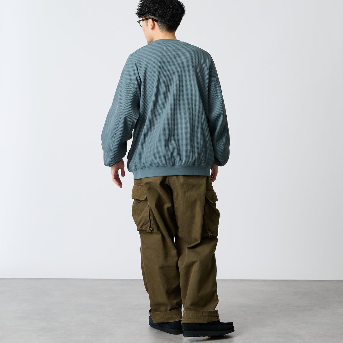 +phenix [プラスフェニックス] 別注 ワッフル ロングスリーブTシャツ [POT-26037IN-JF] SAX &&モデル身長：168cm 着用サイズ：L&&