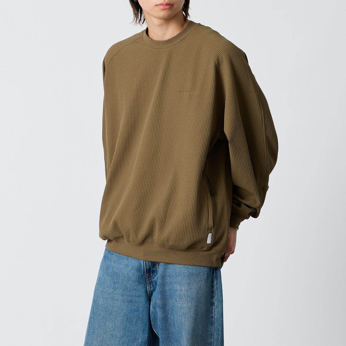 +phenix [プラスフェニックス] 別注 ワッフル ロングスリーブTシャツ [POT-26037IN-JF] BROWN &&モデル身長：177cm 着用サイズ：L&&