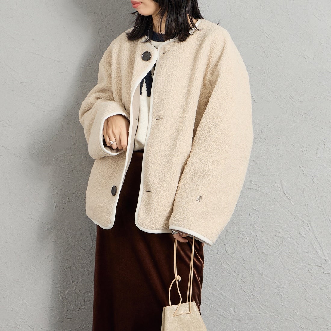 Gymphlex [ジムフレックス] ボア カラーレスジャケット [GY-A0851BOL] OYSTER WHT &&モデル身長：162cm 着用サイズ：14&&
