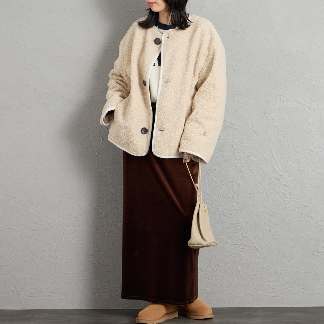 Gymphlex [ジムフレックス] ボア カラーレスジャケット [GY-A0851BOL] OYSTER WHT &&モデル身長：162cm 着用サイズ：14&&