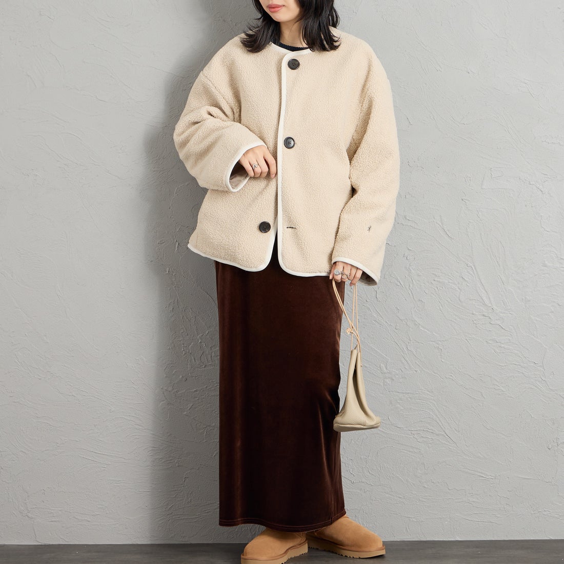 Gymphlex [ジムフレックス] ボア カラーレスジャケット [GY-A0851BOL] OYSTER WHT &&モデル身長：162cm 着用サイズ：14&&