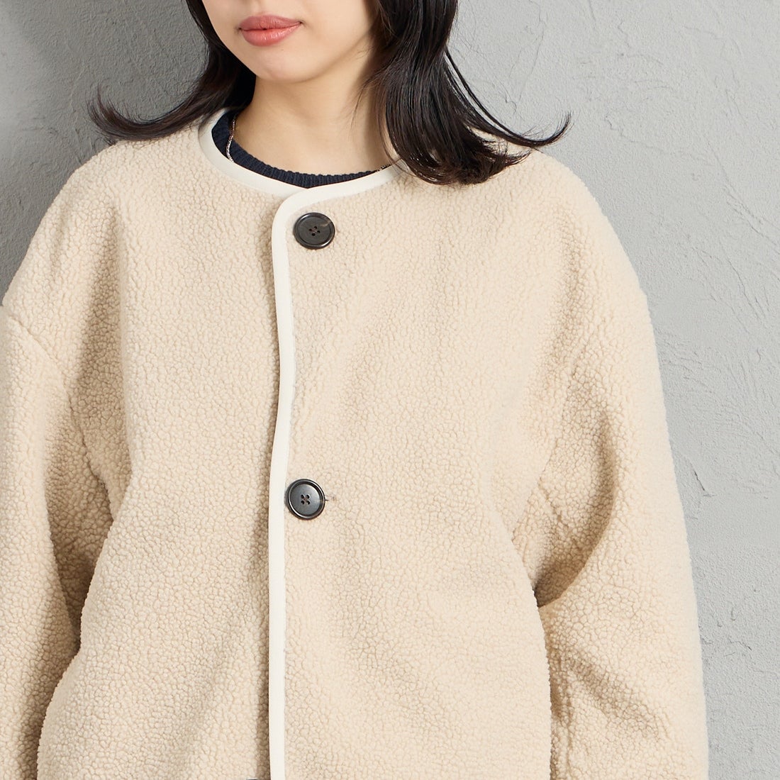 Gymphlex [ジムフレックス] ボア カラーレスジャケット [GY-A0851BOL] OYSTER WHT &&モデル身長：162cm 着用サイズ：14&&