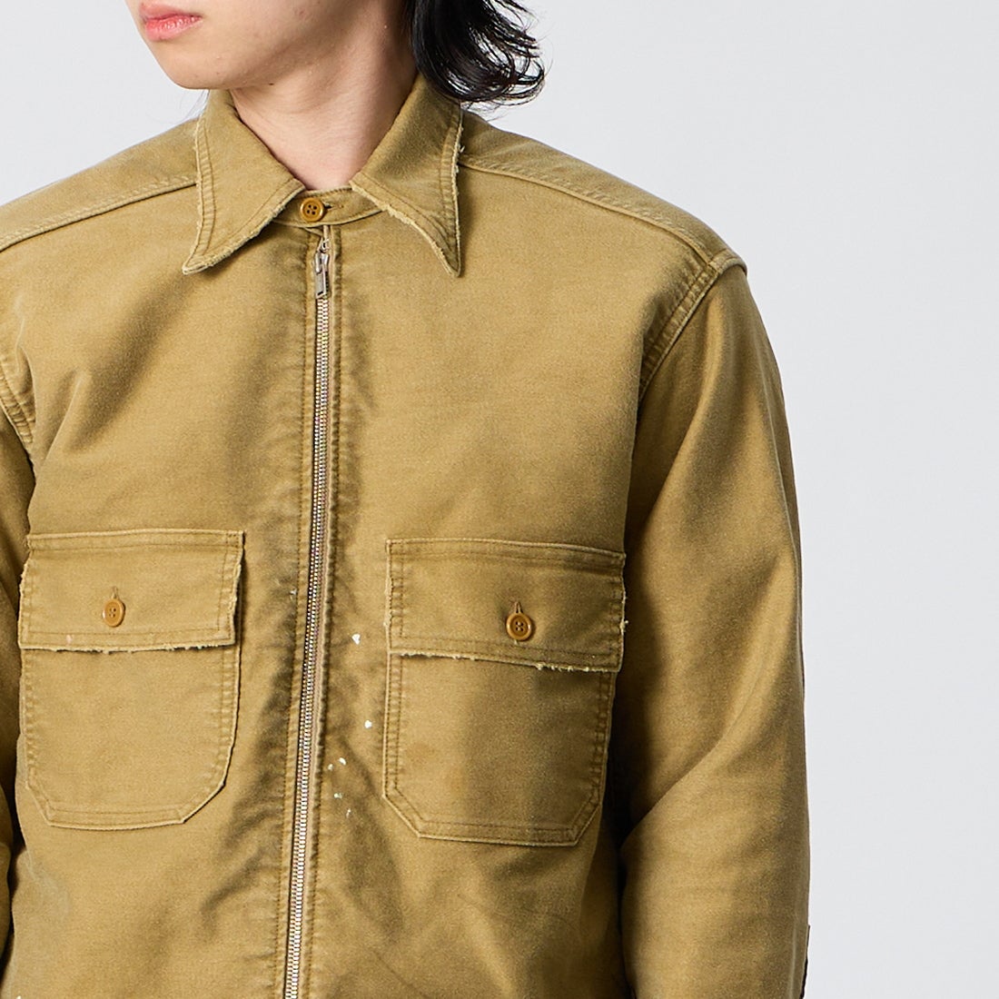 BOW WOW [バウワウ] ヘビーモールスキン ジップワークシャツ [BWU-HMWS] D.KHAKI &&モデル身長：177cm 着用サイズ：M&&