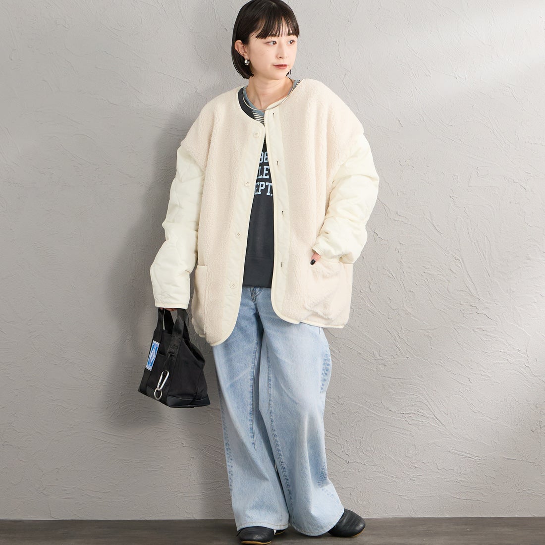 UNIVERSAL OVERALL [ユニバーサルオーバーオール] 別注 ボア切替 キルティングジャケット [U2632451IN-JF] IVORY &&モデル身長：150cm 着用サイズ：F&&