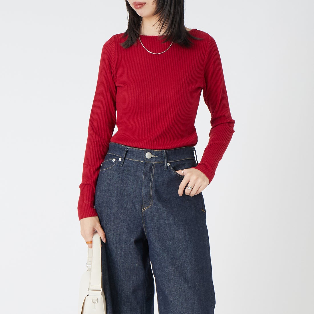 Jeans Factory Clothes [ジーンズファクトリークローズ] ウォームリブボートネックTシャツ [JFW-C031] RED &&モデル身長：162cm 着用サイズ：36&&
