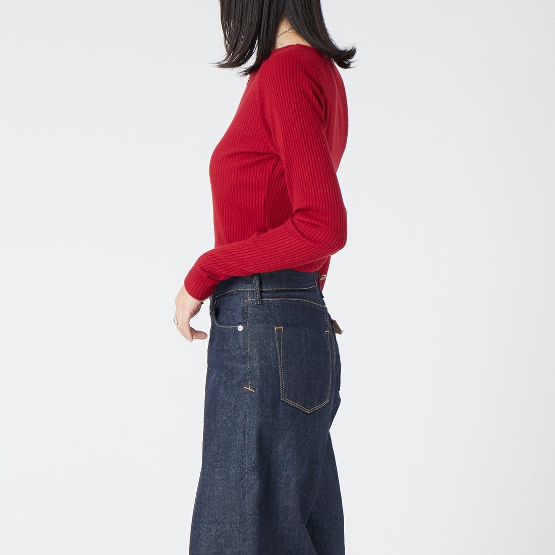 Jeans Factory Clothes [ジーンズファクトリークローズ] ウォームリブボートネックTシャツ [JFW-C031] RED &&モデル身長：162cm 着用サイズ：36&&