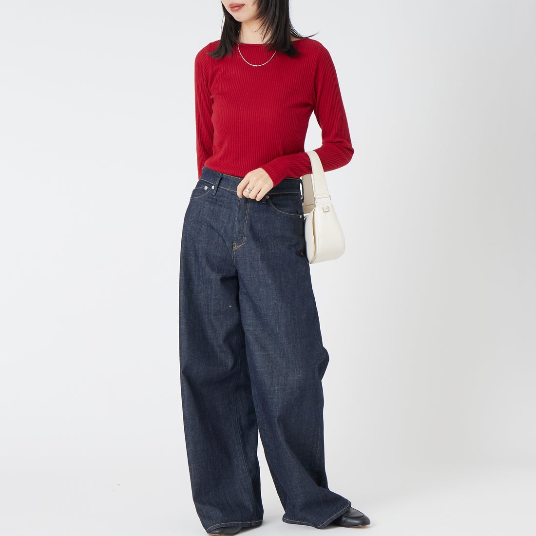 Jeans Factory Clothes [ジーンズファクトリークローズ] ウォームリブボートネックTシャツ [JFW-C031] RED &&モデル身長：162cm 着用サイズ：36&&
