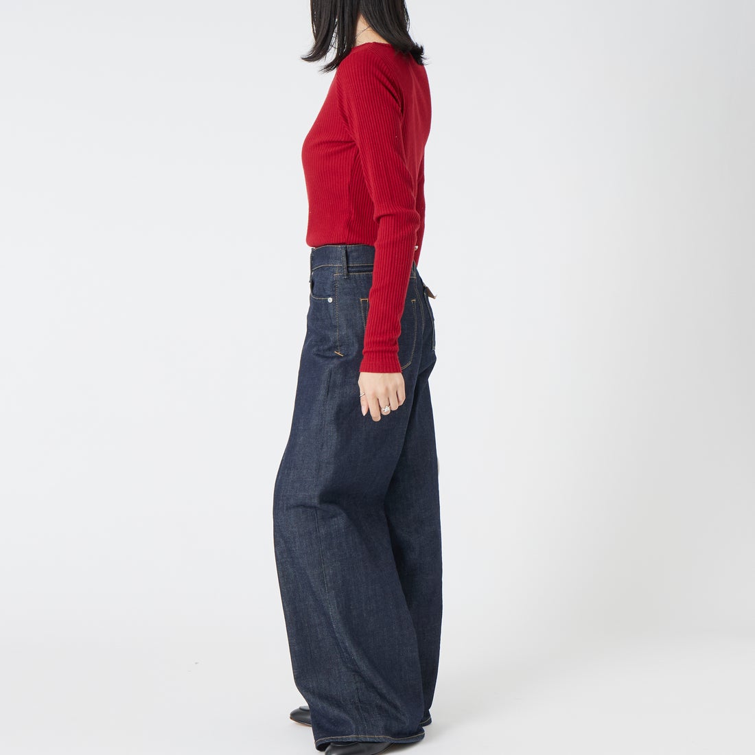 Jeans Factory Clothes [ジーンズファクトリークローズ] ウォームリブボートネックTシャツ [JFW-C031] RED &&モデル身長：162cm 着用サイズ：36&&