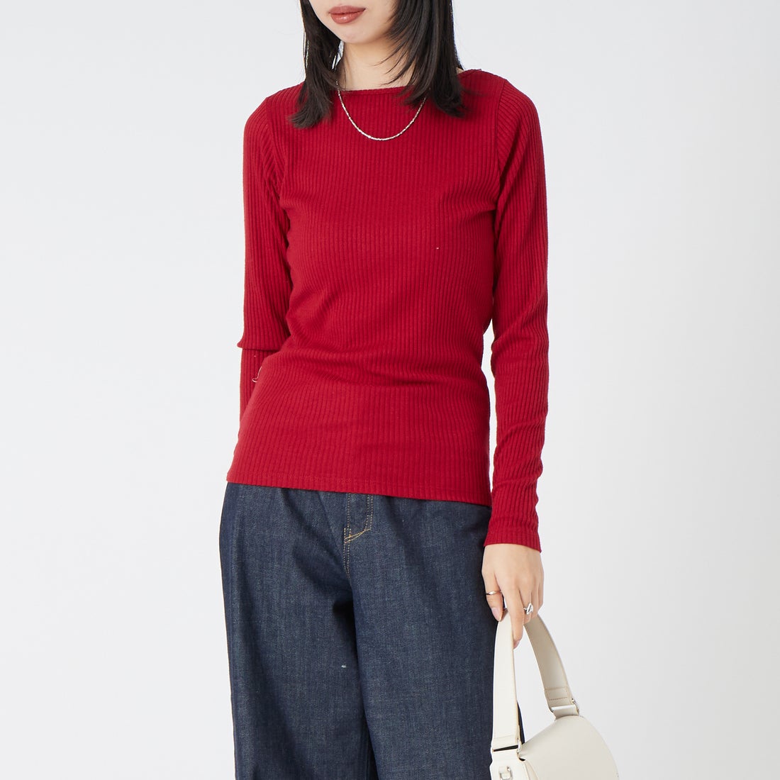 Jeans Factory Clothes [ジーンズファクトリークローズ] ウォームリブボートネックTシャツ [JFW-C031] RED &&モデル身長：162cm 着用サイズ：36&&