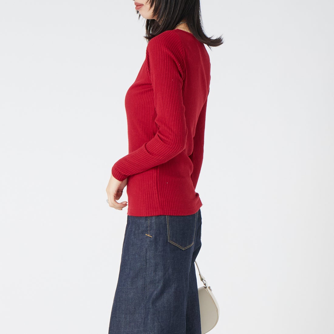 Jeans Factory Clothes [ジーンズファクトリークローズ] ウォームリブボートネックTシャツ [JFW-C031] RED &&モデル身長：162cm 着用サイズ：36&&