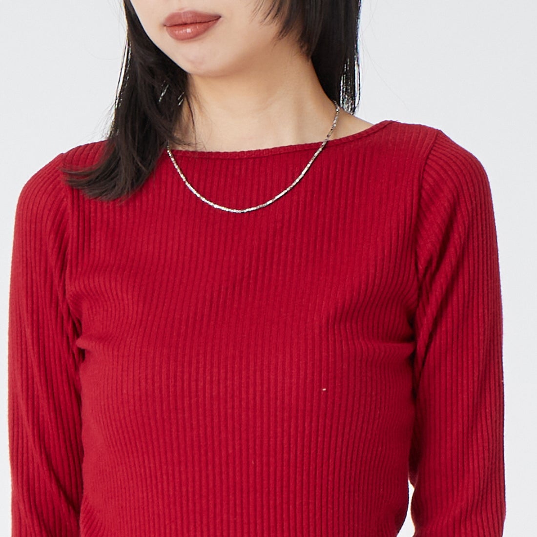 Jeans Factory Clothes [ジーンズファクトリークローズ] ウォームリブボートネックTシャツ [JFW-C031] RED &&モデル身長：162cm 着用サイズ：36&&