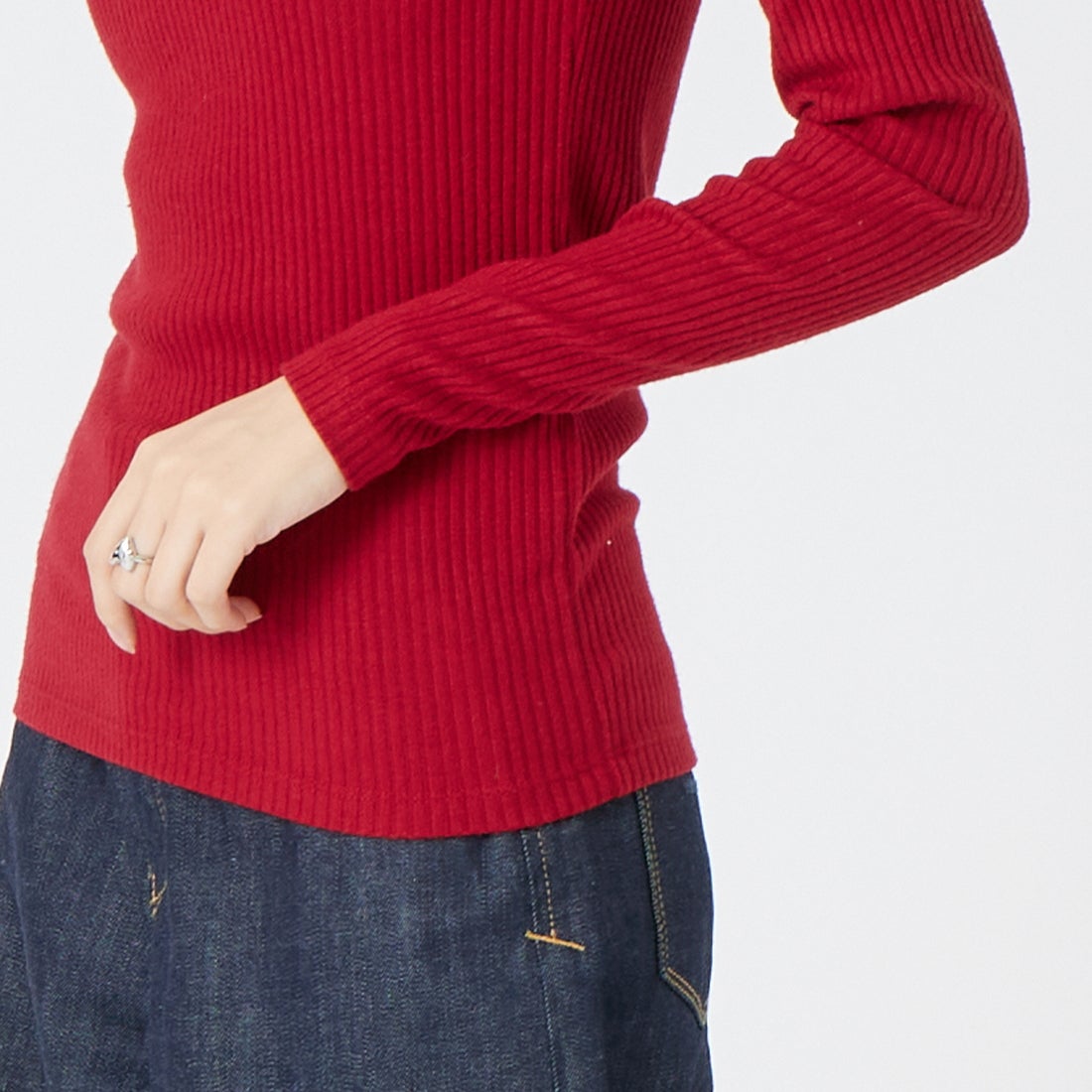 Jeans Factory Clothes [ジーンズファクトリークローズ] ウォームリブボートネックTシャツ [JFW-C031] RED &&モデル身長：162cm 着用サイズ：36&&