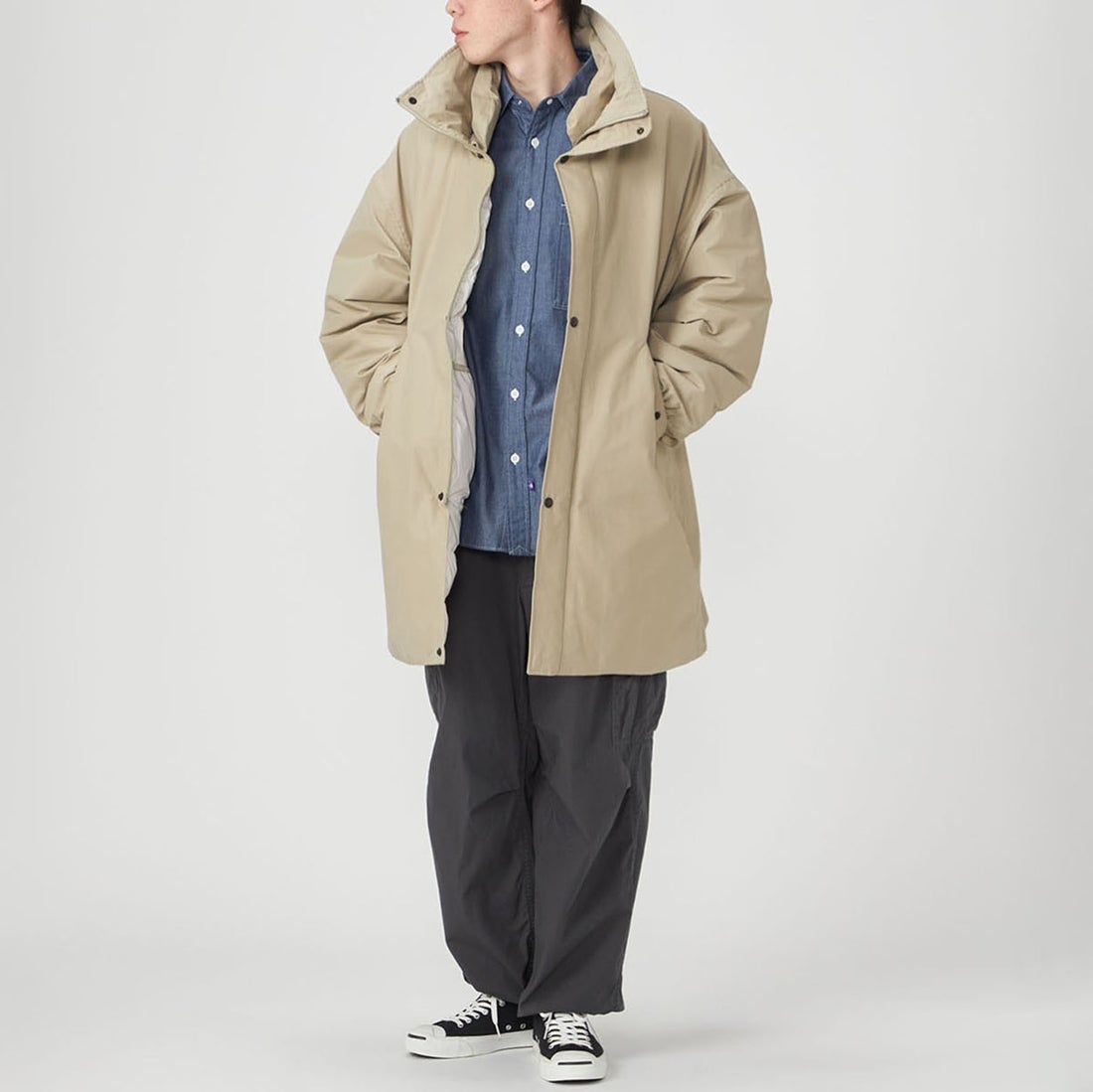THE NORTH FACE PURPLE LABEL [ザ ノースフェイス パープルレーベル] ダブルピークフィールドダウンコート [N25FB106] BE BEIGE &&モデル身長：177cm 着用サイズ：M&&